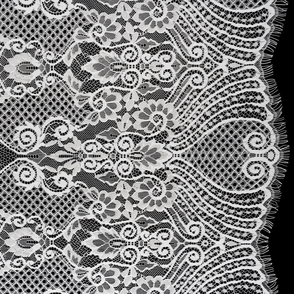 Re-Embroidered Raschel Lace with Scalloped Finished Edges - Ivory Leafy Swirls and Lattices Re-Embroidered Raschel Lace with Scalloped Finished Edges - Ivory Leafy Swirls and Lattices