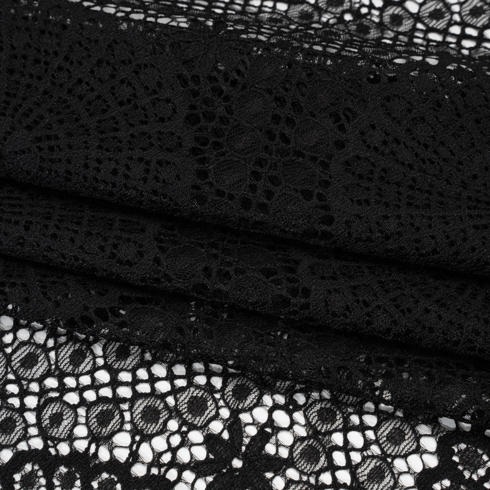 Nylon Raschel Lace Panel with Finished Scalloped Edges - Black Floral Medallions Nylon Raschel Lace Panel with Finished Scalloped Edges - Black Floral Medallions