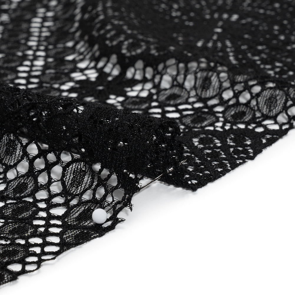 Nylon Raschel Lace Panel with Finished Scalloped Edges - Black Floral Medallions Nylon Raschel Lace Panel with Finished Scalloped Edges - Black Floral Medallions