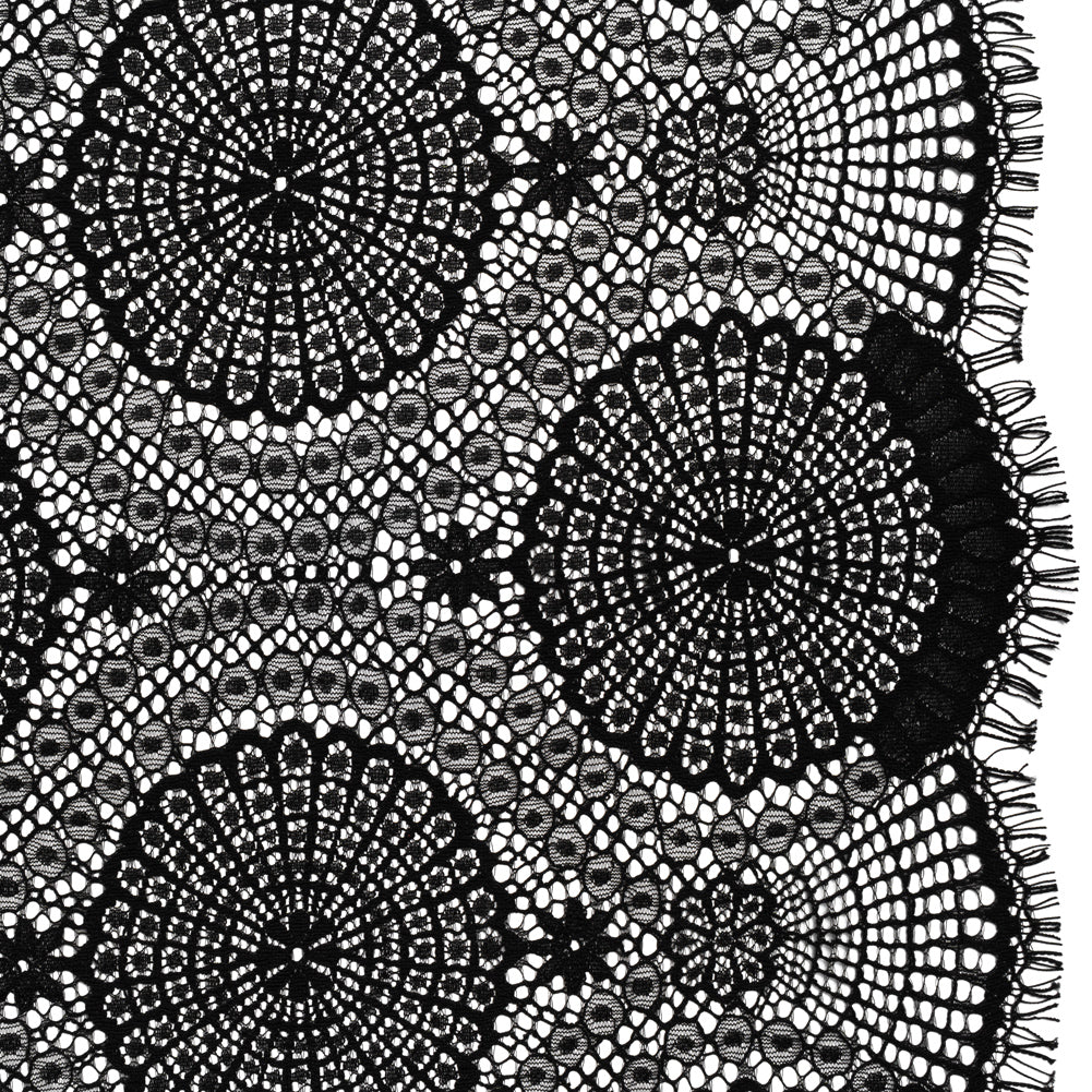 Nylon Raschel Lace Panel with Finished Scalloped Edges - Black Floral Medallions Nylon Raschel Lace Panel with Finished Scalloped Edges - Black Floral Medallions