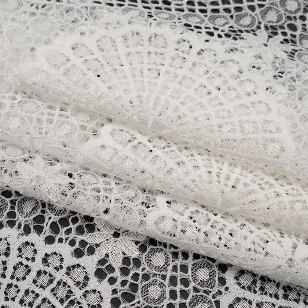 Nylon Raschel Lace Panel with Finished Scalloped Edges - Ivory Floral Medallions - Folded Nylon Raschel Lace Panel with Finished Scalloped Edges - Ivory Floral Medallions - Folded