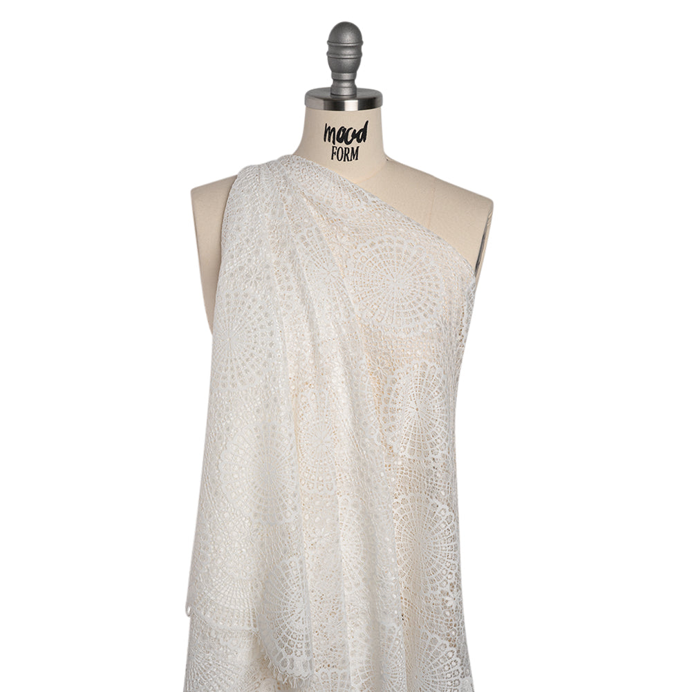 Nylon Raschel Lace Panel with Finished Scalloped Edges - Ivory Floral Medallions - Drape Nylon Raschel Lace Panel with Finished Scalloped Edges - Ivory Floral Medallions - Drape