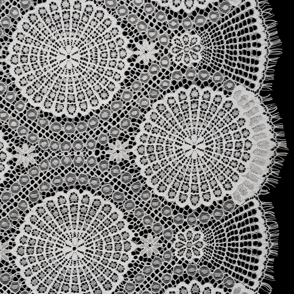 Nylon Raschel Lace Panel with Finished Scalloped Edges - Ivory Floral Medallions Nylon Raschel Lace Panel with Finished Scalloped Edges - Ivory Floral Medallions
