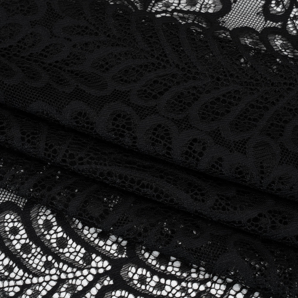 Nylon Raschel Lace Panel with Finished Scalloped Edges - Black Fern Leaves Nylon Raschel Lace Panel with Finished Scalloped Edges - Black Fern Leaves