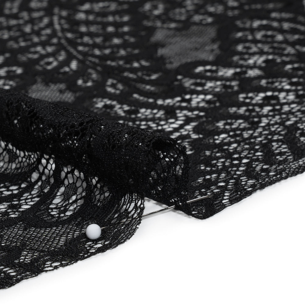 Nylon Raschel Lace Panel with Finished Scalloped Edges - Black Fern Leaves Nylon Raschel Lace Panel with Finished Scalloped Edges - Black Fern Leaves