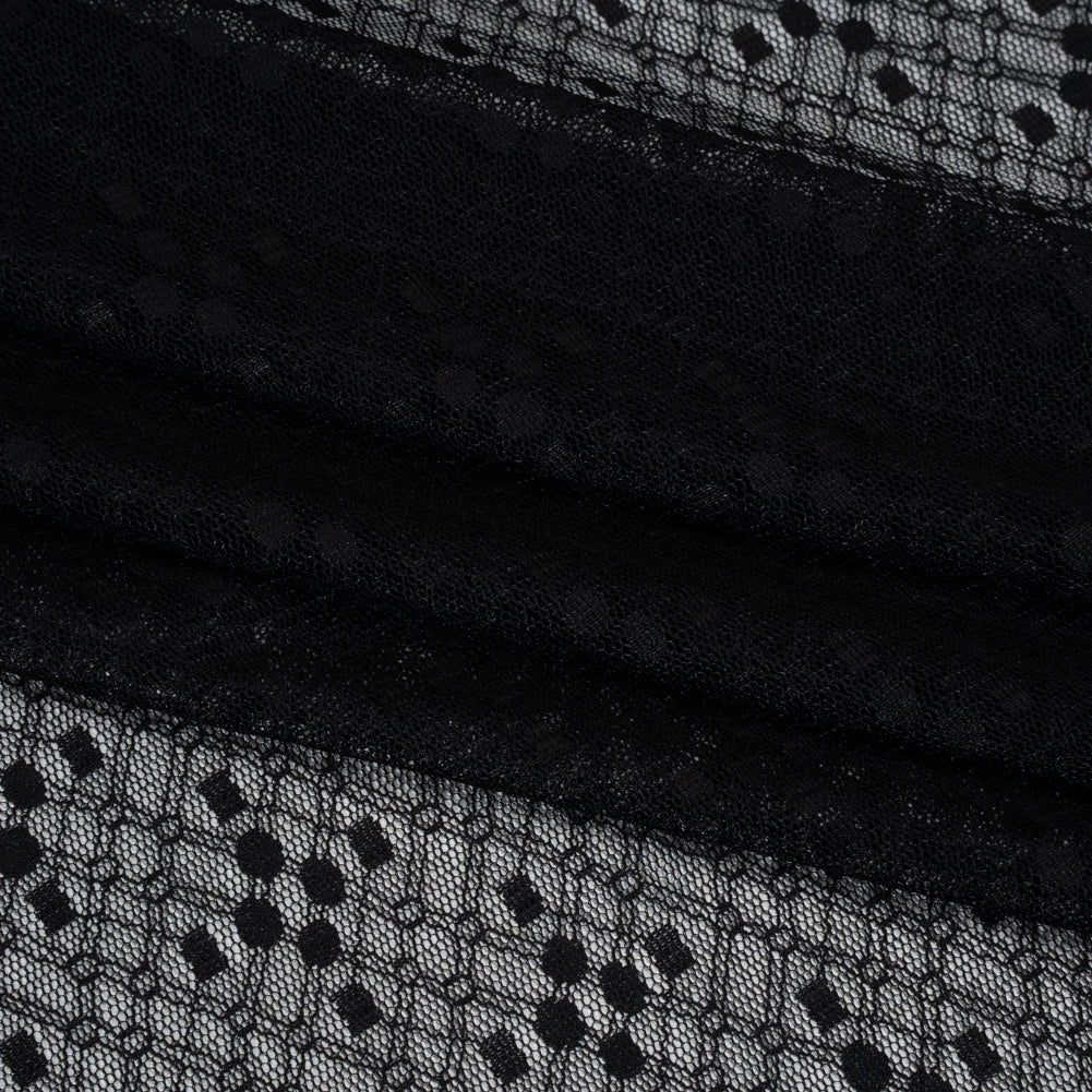 Nylon Raschel Mesh Lace - Black Latticework and Dots - Folded Nylon Raschel Mesh Lace - Black Latticework and Dots - Folded