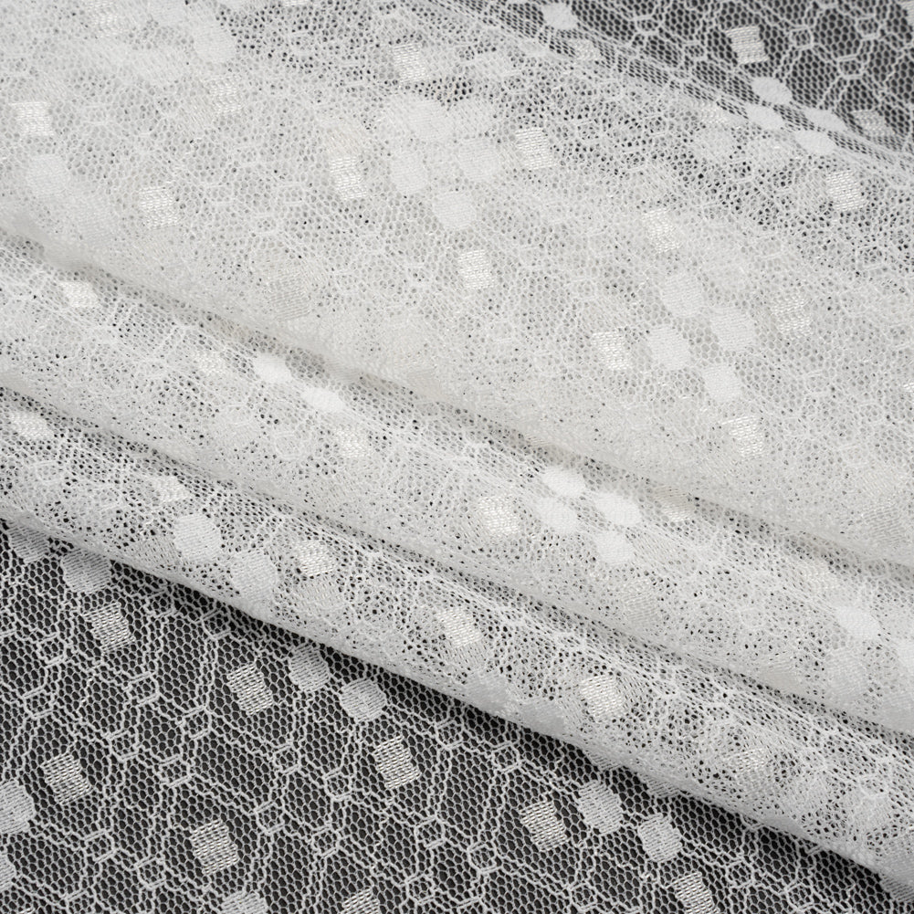 Nylon Raschel Mesh Lace - Ivory Latticework and Dots - Folded Nylon Raschel Mesh Lace - Ivory Latticework and Dots - Folded