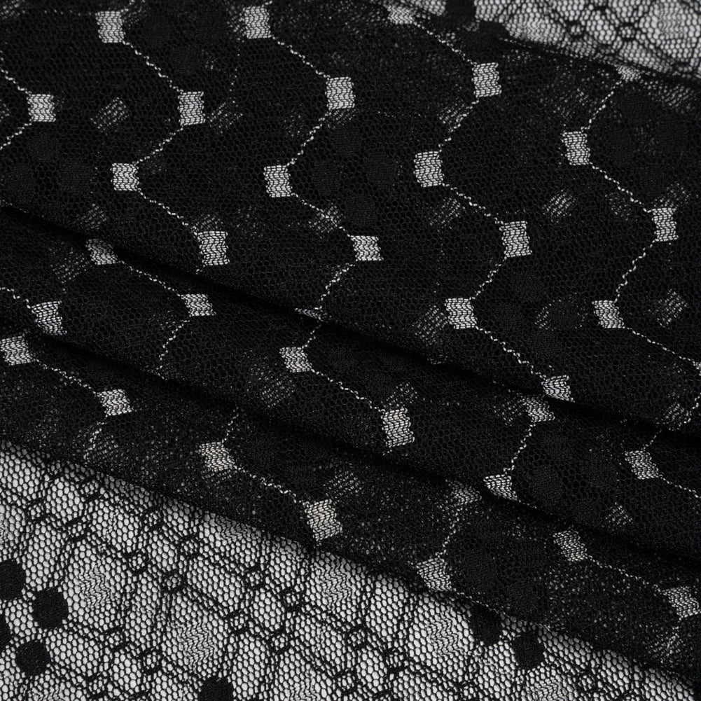 Nylon Raschel Mesh Lace - Black and White Latticework and Dots - Folded Nylon Raschel Mesh Lace - Black and White Latticework and Dots - Folded