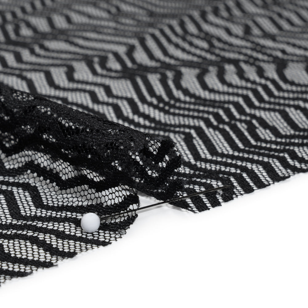Nylon Raschel Mesh Lace - Black Erratic Zig Zags Nylon Raschel Mesh Lace - Black Erratic Zig Zags
