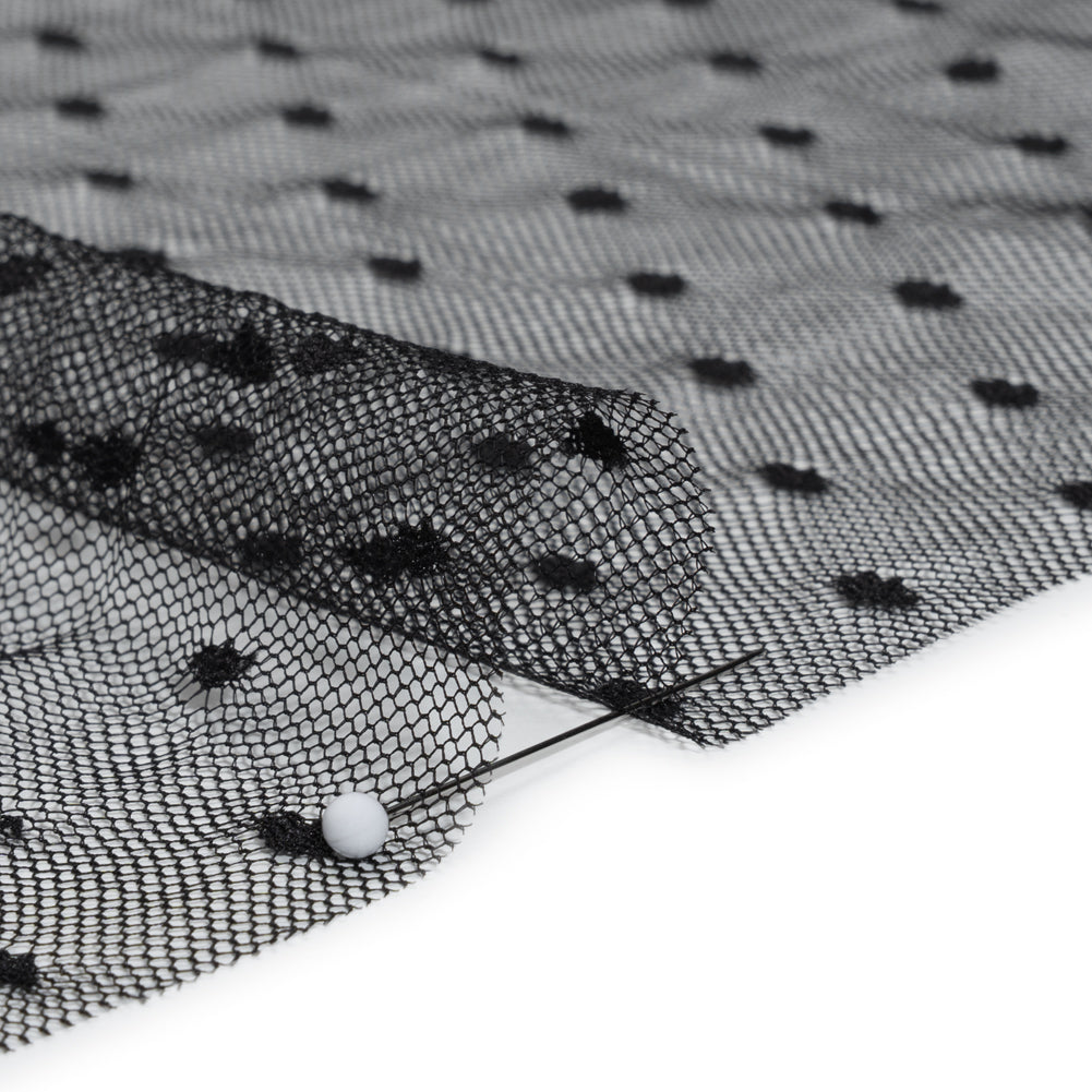 Nylon Raschel Point D'Esprit Lace - Black Polka Dots - Detail Nylon Raschel Point D'Esprit Lace - Black Polka Dots - Detail