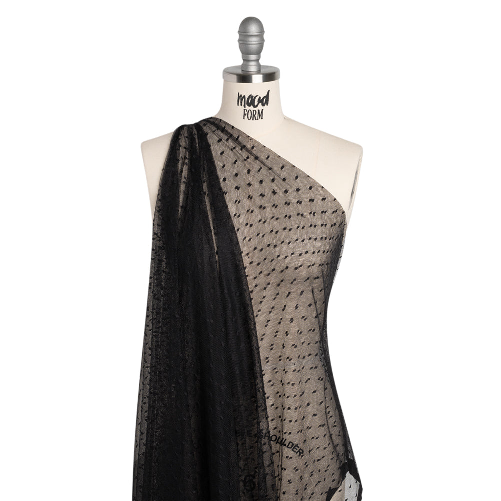 Nylon Raschel Point D'Esprit Lace - Black Polka Dots - Drape Nylon Raschel Point D'Esprit Lace - Black Polka Dots - Drape