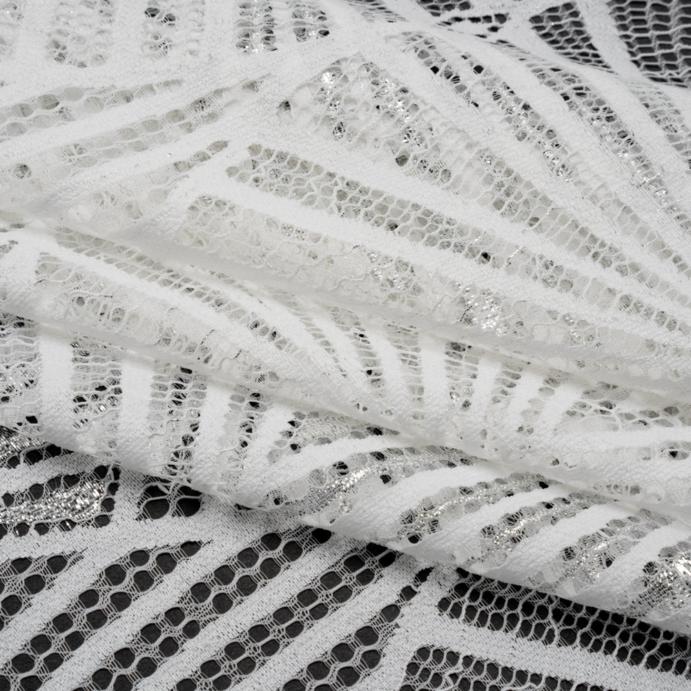 Metallic Lace Panel with Finished Edges - Silver and White Geometric Starburst - Folded Metallic Lace Panel with Finished Edges - Silver and White Geometric Starburst - Folded
