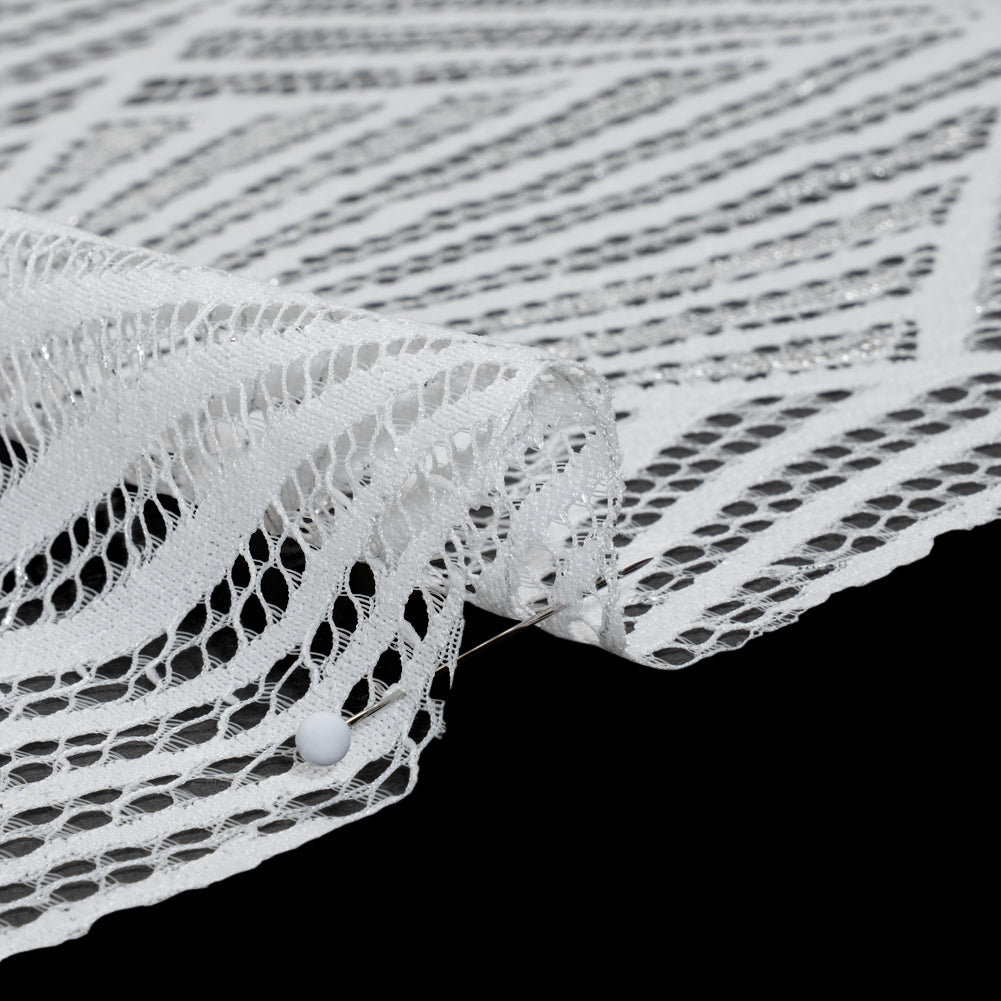 Metallic Lace Panel with Finished Edges - Silver and White Geometric Starburst - Detail Metallic Lace Panel with Finished Edges - Silver and White Geometric Starburst - Detail