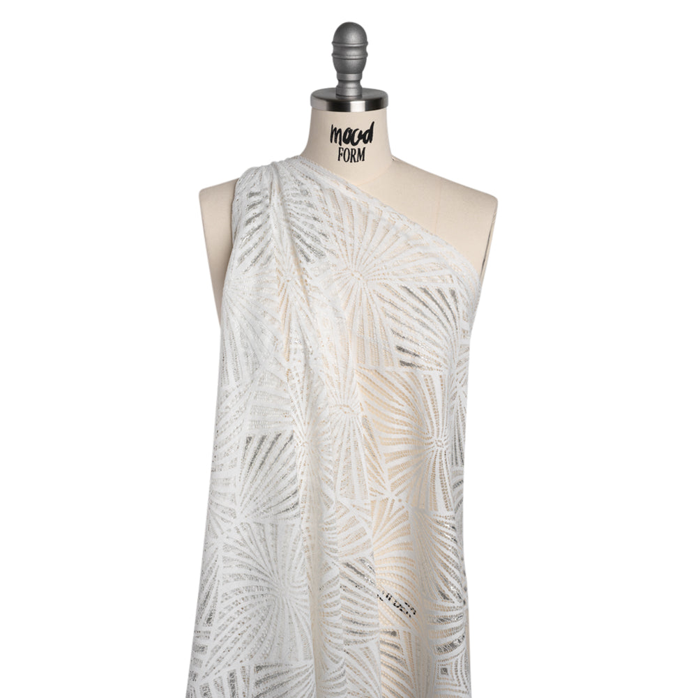Metallic Lace Panel with Finished Edges - Silver and White Geometric Starburst - Drape Metallic Lace Panel with Finished Edges - Silver and White Geometric Starburst - Drape
