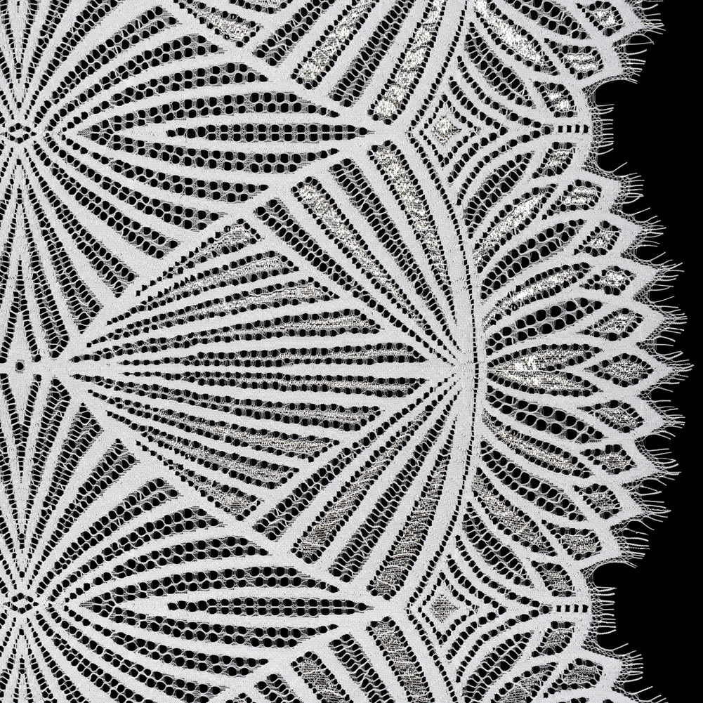 Metallic Lace Panel with Finished Edges - Silver and White Geometric Starburst Metallic Lace Panel with Finished Edges - Silver and White Geometric Starburst