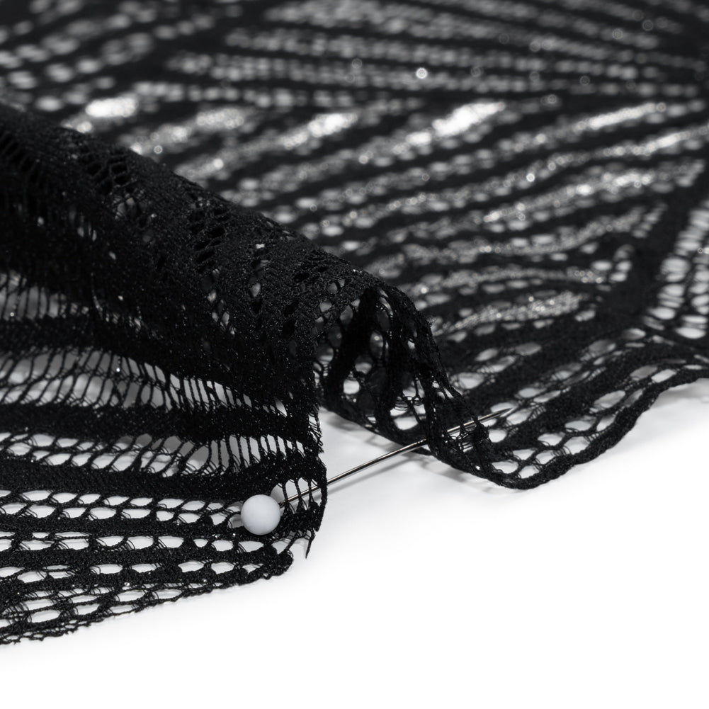 Metallic Lace Panel with Finished Edges - Silver and Black Geometric Starburst - Detail Metallic Lace Panel with Finished Edges - Silver and Black Geometric Starburst - Detail