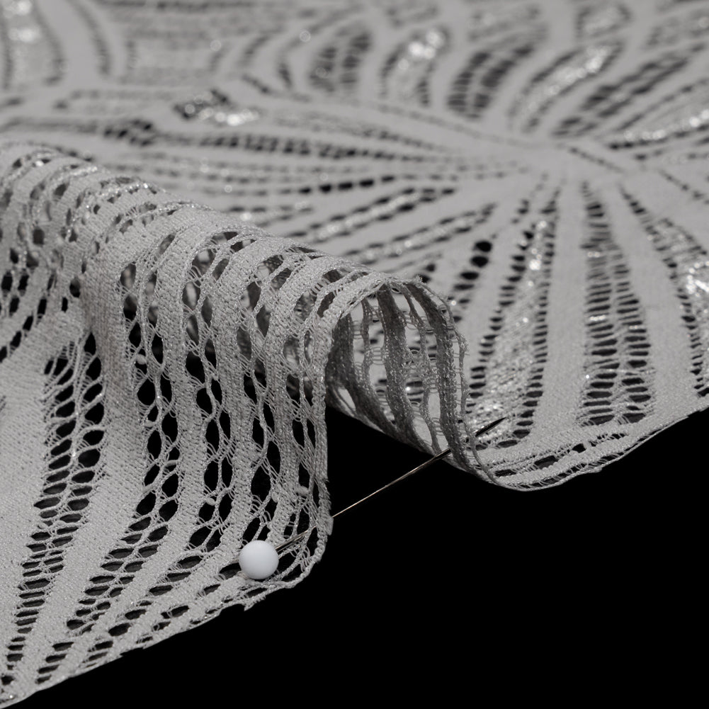 Metallic Lace Panel with Finished Edges - Silver and Gray Geometric Starburst - Detail Metallic Lace Panel with Finished Edges - Silver and Gray Geometric Starburst - Detail