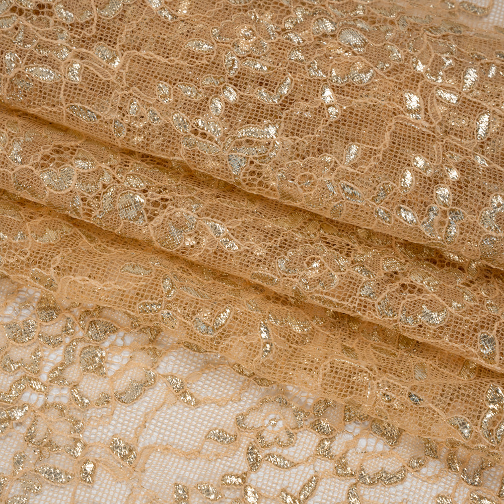 Metallic Re-Embroidered Lace Panel with Finished Edges - Apricot Ice and Gold Floral Vines Metallic Re-Embroidered Lace Panel with Finished Edges - Apricot Ice and Gold Floral Vines