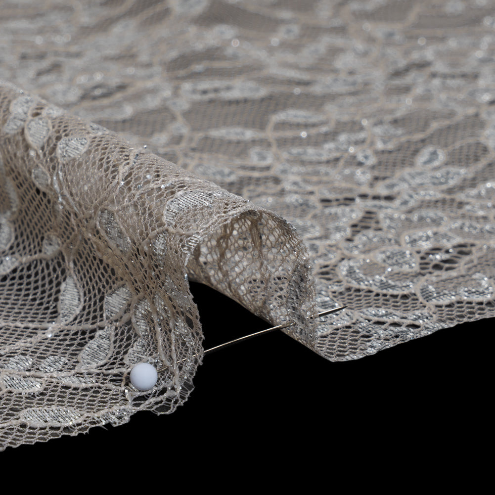 Metallic Re-Embroidered Lace Panel with Finished Edges - Sandstone and Silver Floral Vines - Detail Metallic Re-Embroidered Lace Panel with Finished Edges - Sandstone and Silver Floral Vines - Detail