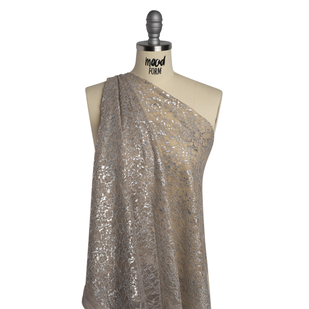 Metallic Re-Embroidered Lace Panel with Finished Edges - Sandstone and Silver Floral Vines - Drape Metallic Re-Embroidered Lace Panel with Finished Edges - Sandstone and Silver Floral Vines - Drape