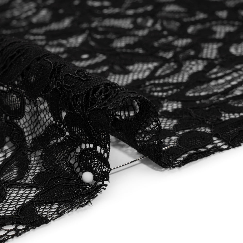 Corded Lace with Finished Edges - Black Flowering Vines Corded Lace with Finished Edges - Black Flowering Vines