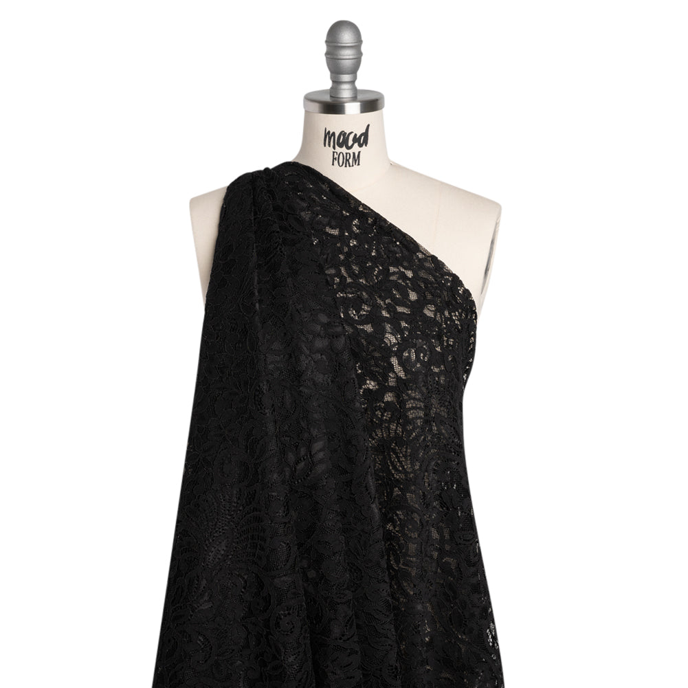 Corded Lace with Finished Edges - Black Flowering Vines Corded Lace with Finished Edges - Black Flowering Vines