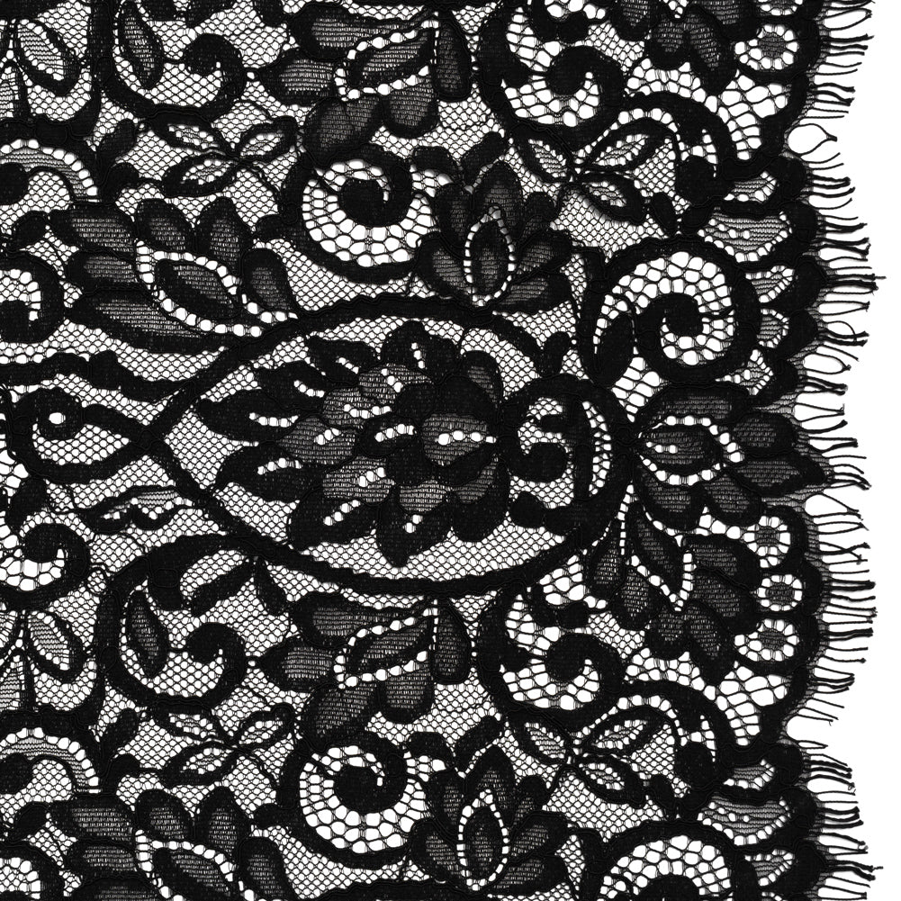 Corded Lace with Finished Edges - Black Flowering Vines Corded Lace with Finished Edges - Black Flowering Vines