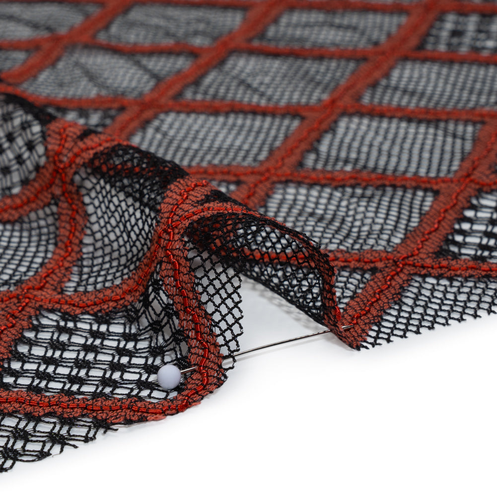 Corded Lace with Little Scalloped Finished Edges - Red and Black Diamond Lattice - Detail Corded Lace with Little Scalloped Finished Edges - Red and Black Diamond Lattice - Detail