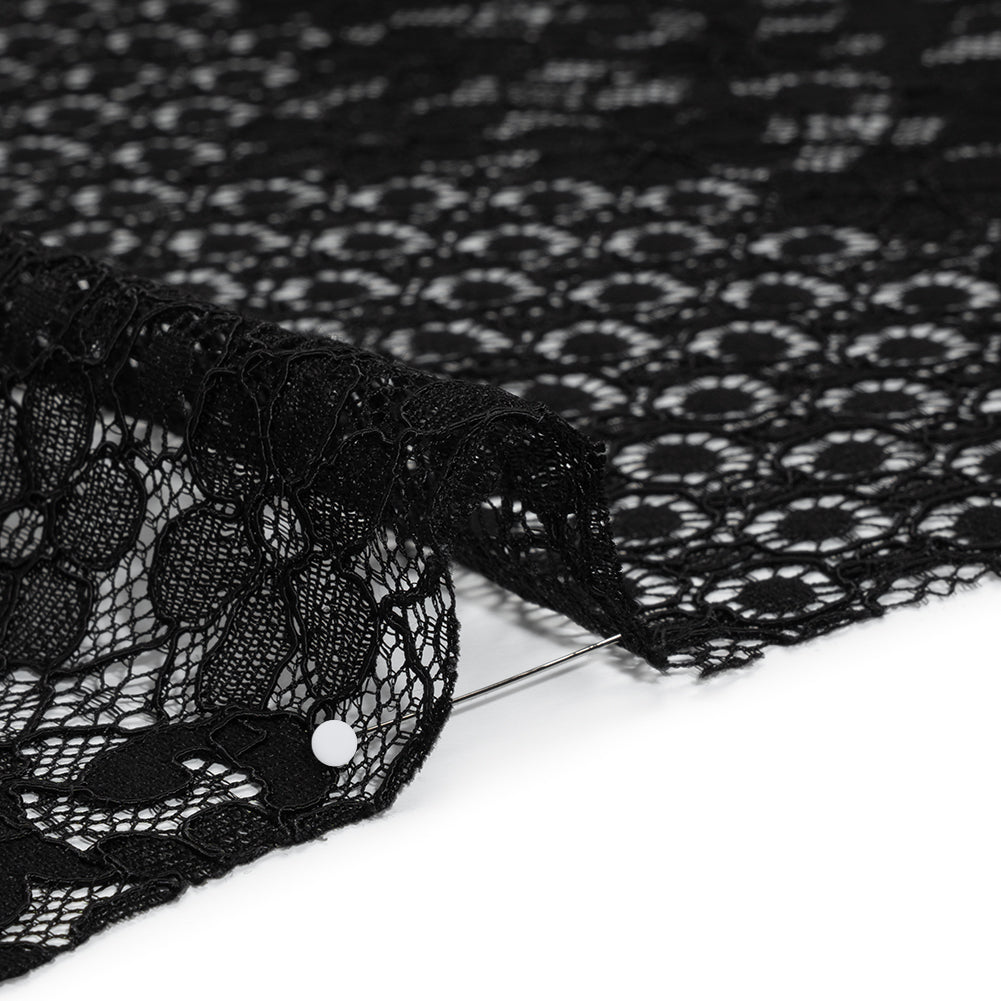 Rayon and Nylon Corded Lace with Scalloped Finished Edges - Black Flower and Dot Stripes Rayon and Nylon Corded Lace with Scalloped Finished Edges - Black Flower and Dot Stripes