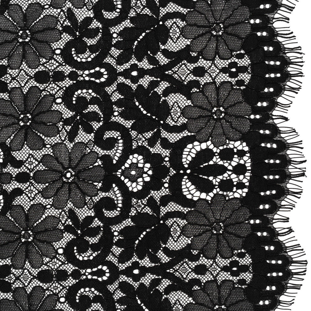 Rayon and Nylon Corded Lace with Scalloped Finished Edges - Black Flower and Dot Stripes Rayon and Nylon Corded Lace with Scalloped Finished Edges - Black Flower and Dot Stripes