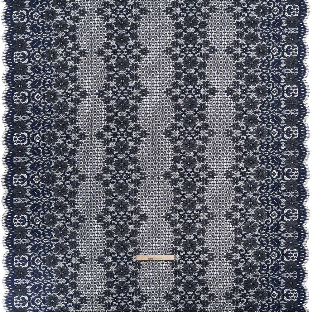 Rayon and Nylon Corded Lace with Scalloped Finished Edges - Navy Blue Flower and Dot Stripes Rayon and Nylon Corded Lace with Scalloped Finished Edges - Navy Blue Flower and Dot Stripes