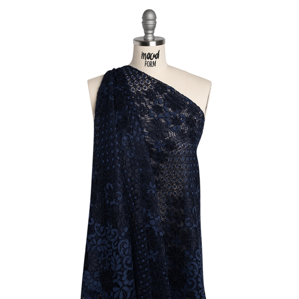 Rayon and Nylon Corded Lace with Scalloped Finished Edges - Navy Blue Flower and Dot Stripes Rayon and Nylon Corded Lace with Scalloped Finished Edges - Navy Blue Flower and Dot Stripes