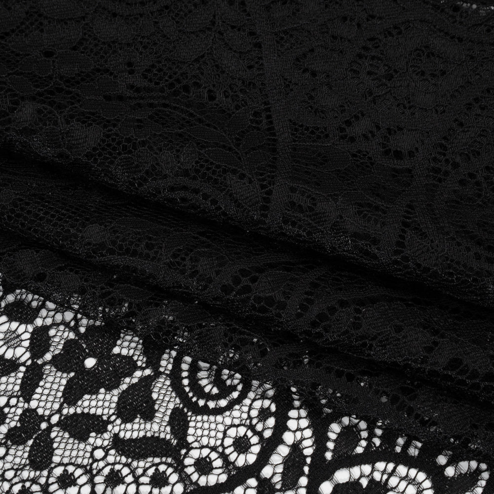 Nylon and Rayon Raschel Lace with Finished Edges - Black Flowers and Swirls - Folded Nylon and Rayon Raschel Lace with Finished Edges - Black Flowers and Swirls - Folded