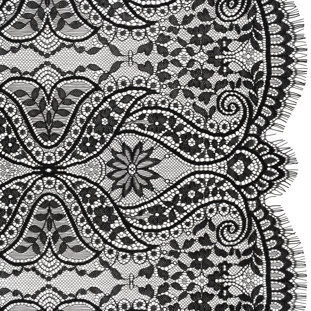 Nylon and Rayon Raschel Lace with Finished Edges - Black Flowers and Swirls Nylon and Rayon Raschel Lace with Finished Edges - Black Flowers and Swirls