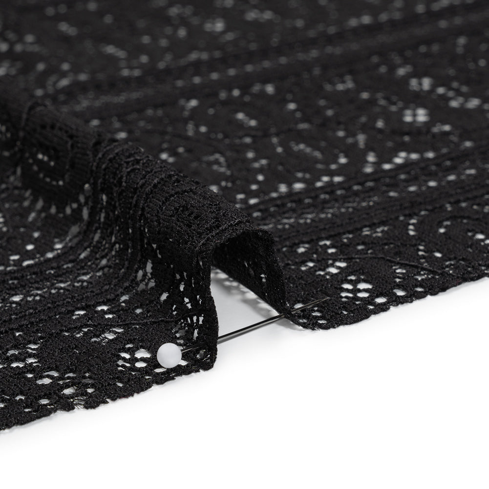 Re-Embroidered Lace with Finished Edges - Black Floral Medallion Stripes - Detail Re-Embroidered Lace with Finished Edges - Black Floral Medallion Stripes - Detail