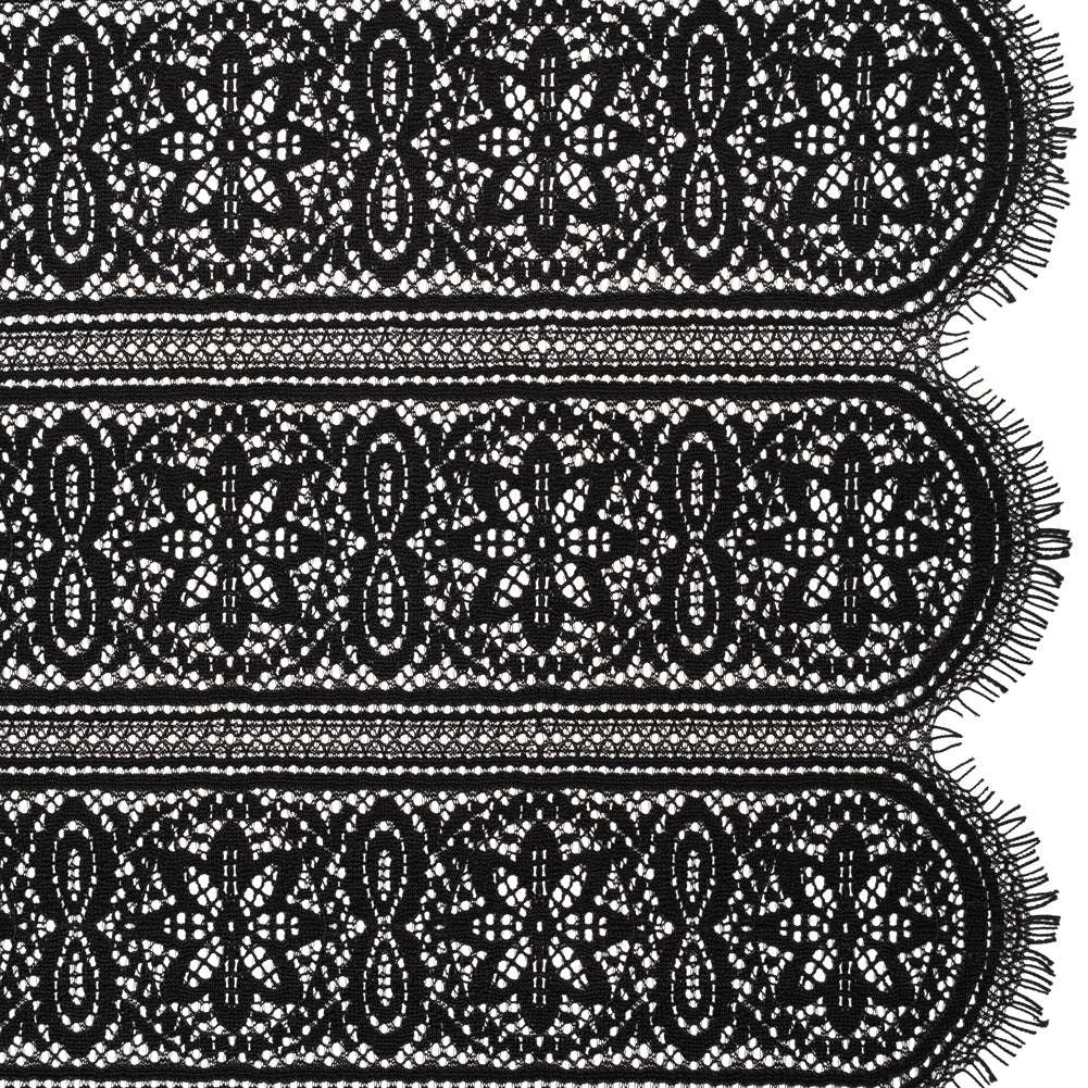 Re-Embroidered Lace with Finished Edges - Black Floral Medallion Stripes Re-Embroidered Lace with Finished Edges - Black Floral Medallion Stripes