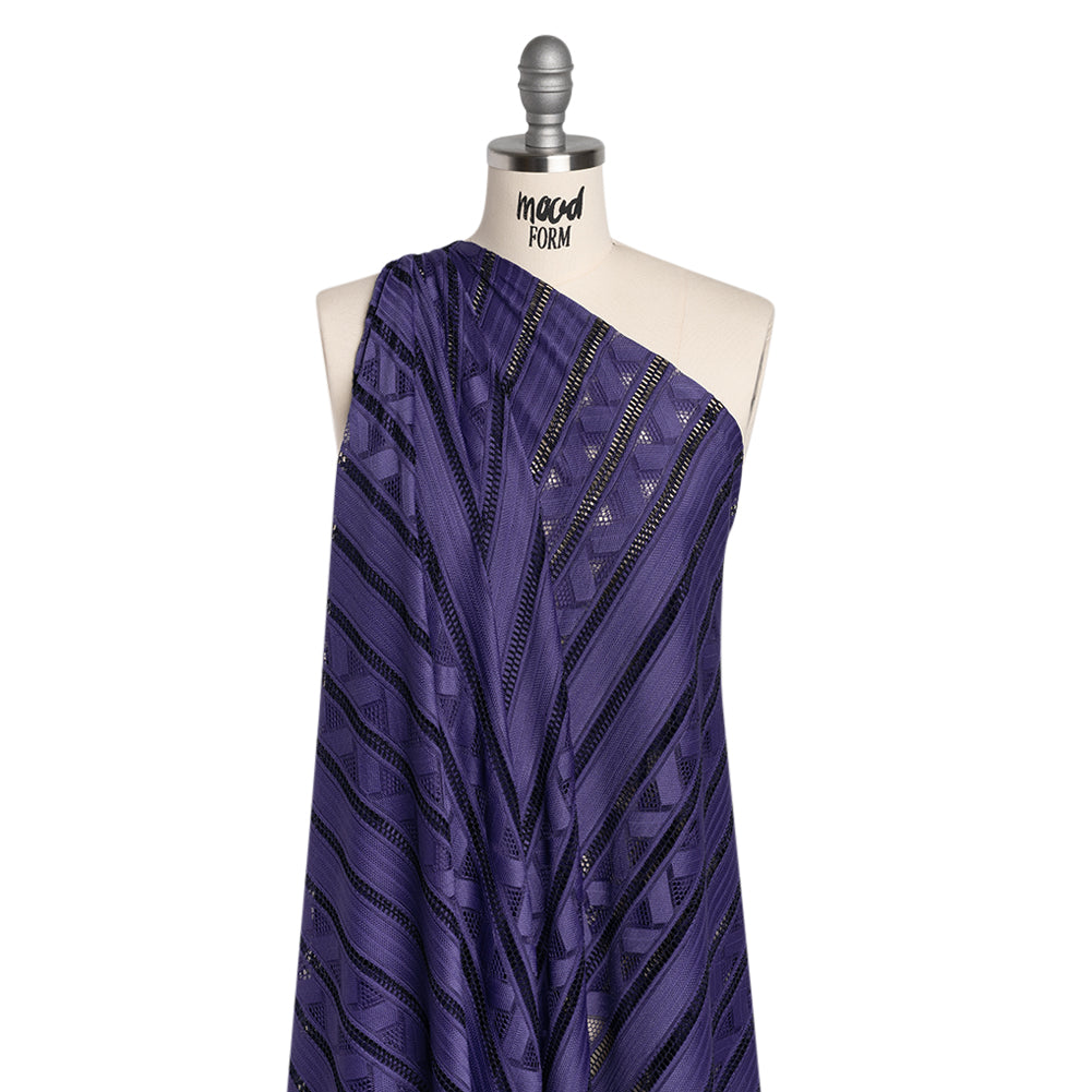 Corded Lace - Violet and Black Geometric Stripes - Drape Corded Lace - Violet and Black Geometric Stripes - Drape