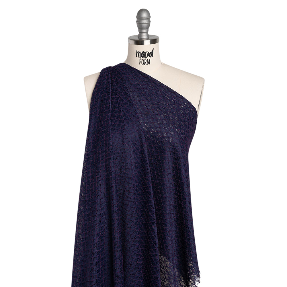 Corded Lace with Finished Eyelash Edges - Navy and Purple Diamond Lattice - Drape Corded Lace with Finished Eyelash Edges - Navy and Purple Diamond Lattice - Drape