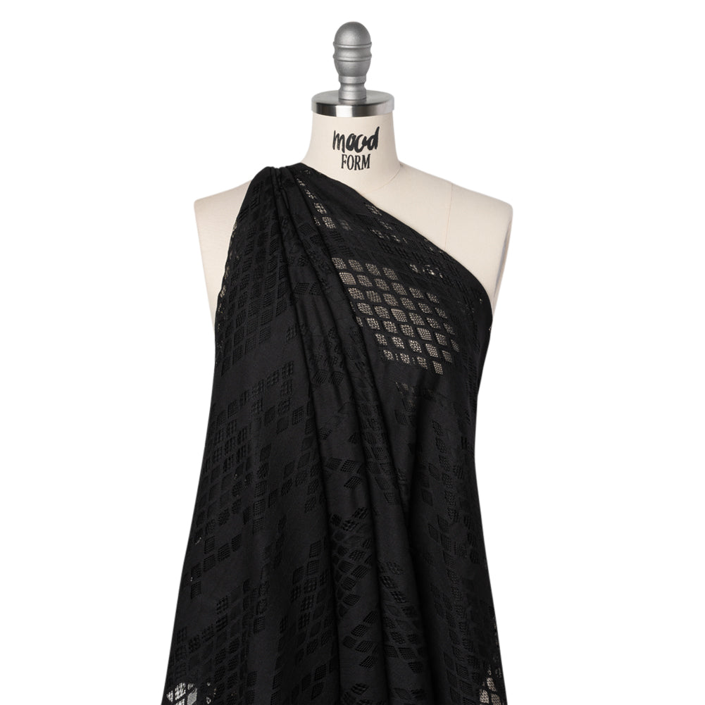 Raschel Lace with Eyelash Fringe Edges - Black Diamond Argyle - Drape Raschel Lace with Eyelash Fringe Edges - Black Diamond Argyle - Drape
