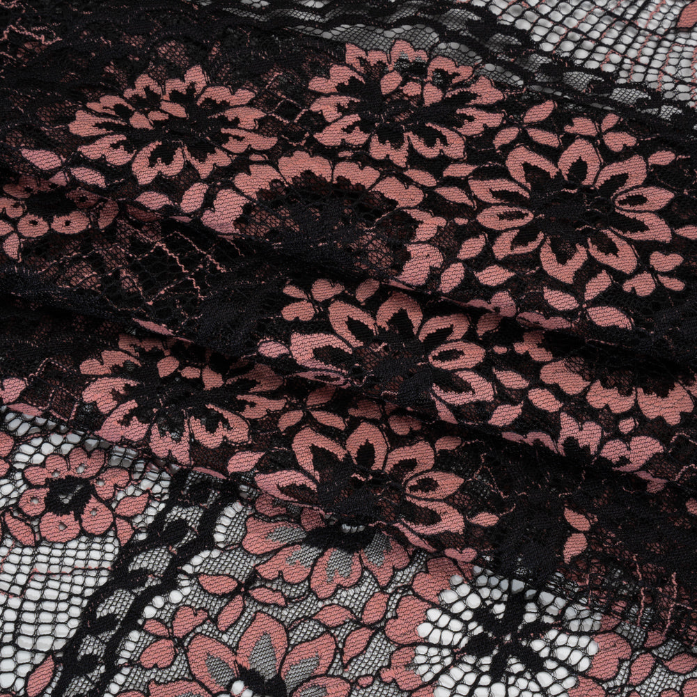 Raschel Lace with Finished Scalloped Edges - Black and Dusty Rose Sunflowers and Daisies Folded Raschel Lace with Finished Scalloped Edges - Black and Dusty Rose Sunflowers and Daisies Folded