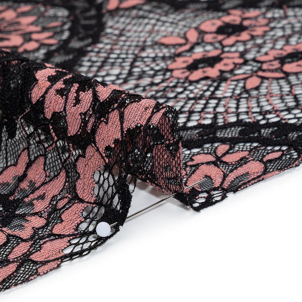 Raschel Lace with Finished Scalloped Edges - Black and Dusty Rose Sunflowers and Daisies Detail Raschel Lace with Finished Scalloped Edges - Black and Dusty Rose Sunflowers and Daisies Detail