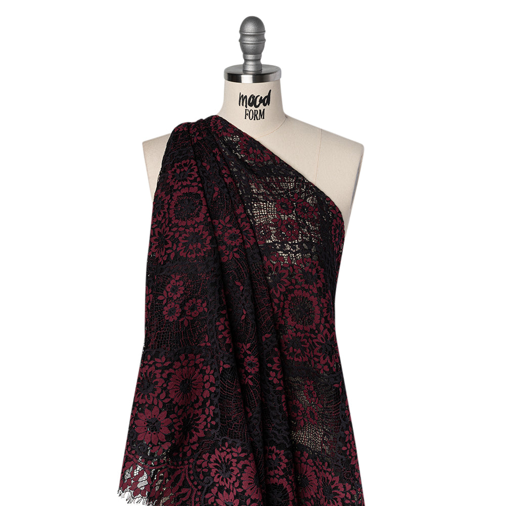 Raschel Lace with Finished Scalloped Edges - Black and Chocolate Truffle Sunflowers and Daisies - Drape Raschel Lace with Finished Scalloped Edges - Black and Chocolate Truffle Sunflowers and Daisies - Drape