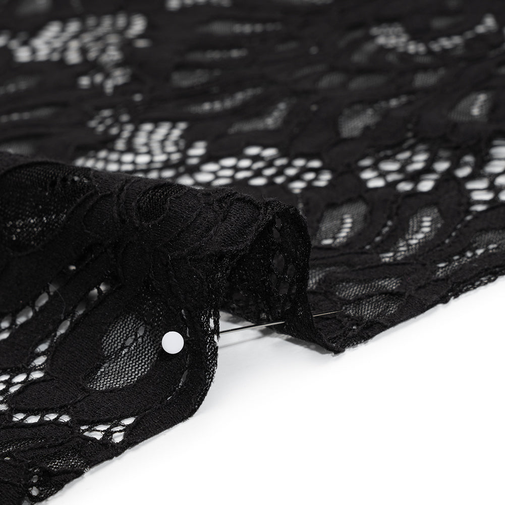 Corded Lace with Finished Scalloped Edges - Black Bold Florals - Detail Corded Lace with Finished Scalloped Edges - Black Bold Florals - Detail
