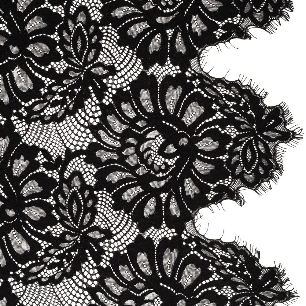 Corded Lace with Finished Scalloped Edges - Black Bold Florals Corded Lace with Finished Scalloped Edges - Black Bold Florals