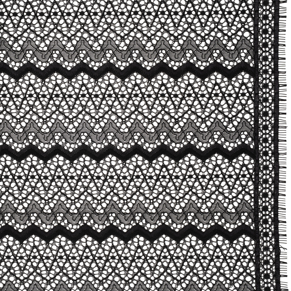 Corded Lace with Eyelash Fringe Edges - Black Zig Zag Stripes Corded Lace with Eyelash Fringe Edges - Black Zig Zag Stripes
