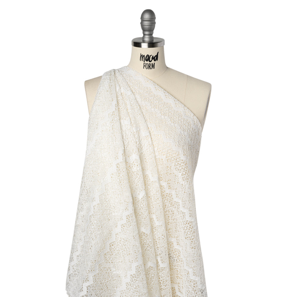 Corded Lace with Eyelash Fringe Edges - Ivory Zig Zag Stripes - Drape Corded Lace with Eyelash Fringe Edges - Ivory Zig Zag Stripes - Drape