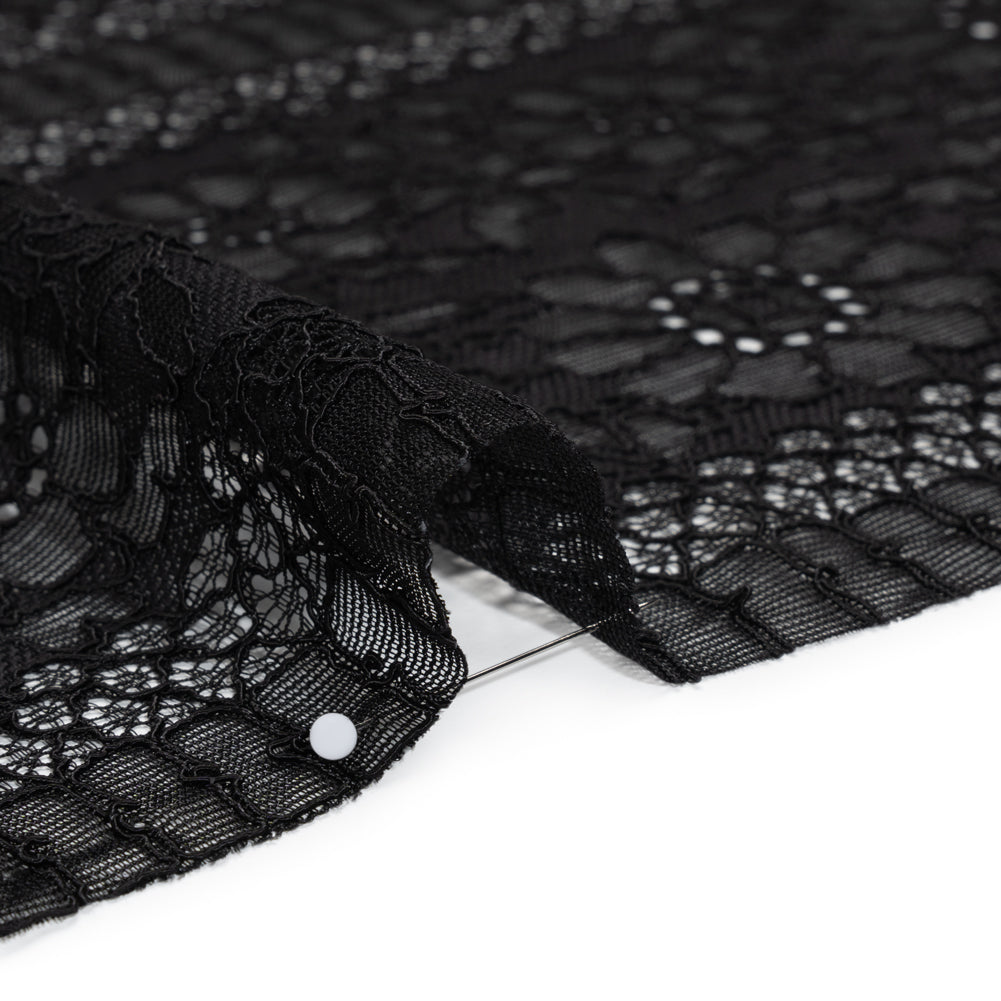 Corded Lace with Eyelash Fringe Edges - Black Floral and Geometric Stripes Corded Lace with Eyelash Fringe Edges - Black Floral and Geometric Stripes