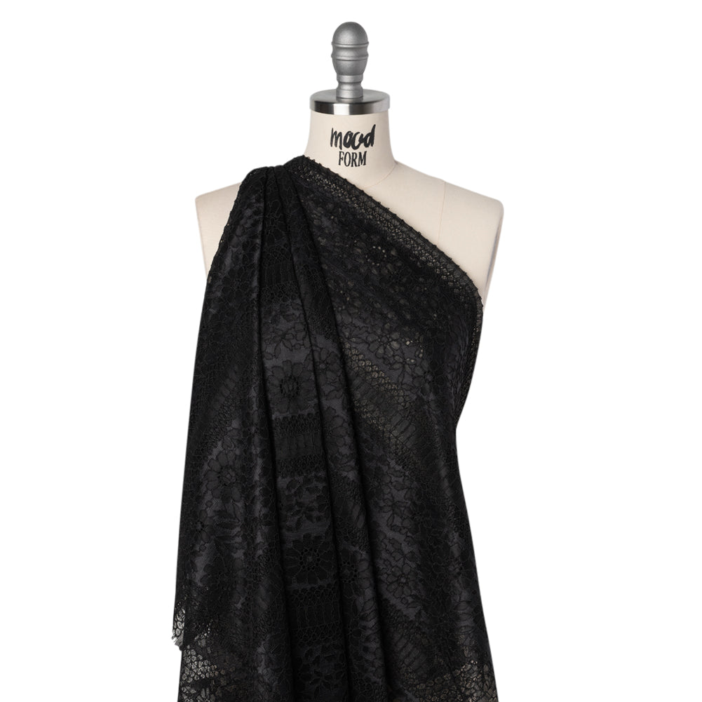 Corded Lace with Eyelash Fringe Edges - Black Floral and Geometric Stripes Corded Lace with Eyelash Fringe Edges - Black Floral and Geometric Stripes