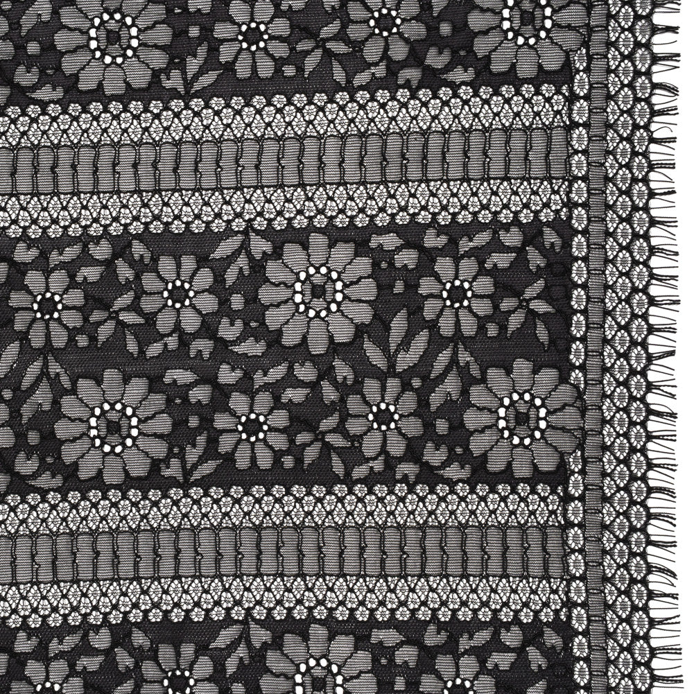 Corded Lace with Eyelash Fringe Edges - Black Floral and Geometric Stripes Corded Lace with Eyelash Fringe Edges - Black Floral and Geometric Stripes