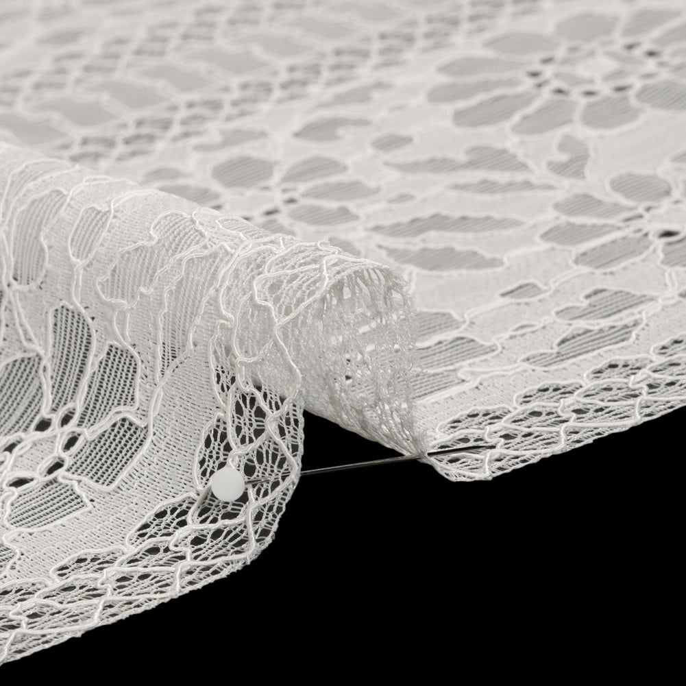 Corded Lace with Eyelash Fringe Edges - Ivory Floral and Geometric Stripes Detail Corded Lace with Eyelash Fringe Edges - Ivory Floral and Geometric Stripes Detail